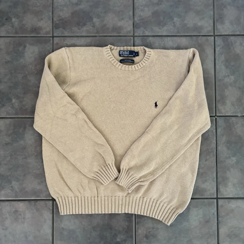 Polo Ralph Lauren Sweatshirt Mens Large Tan Crew Neck Sweater Long Sleeve - Picture 1 of 7